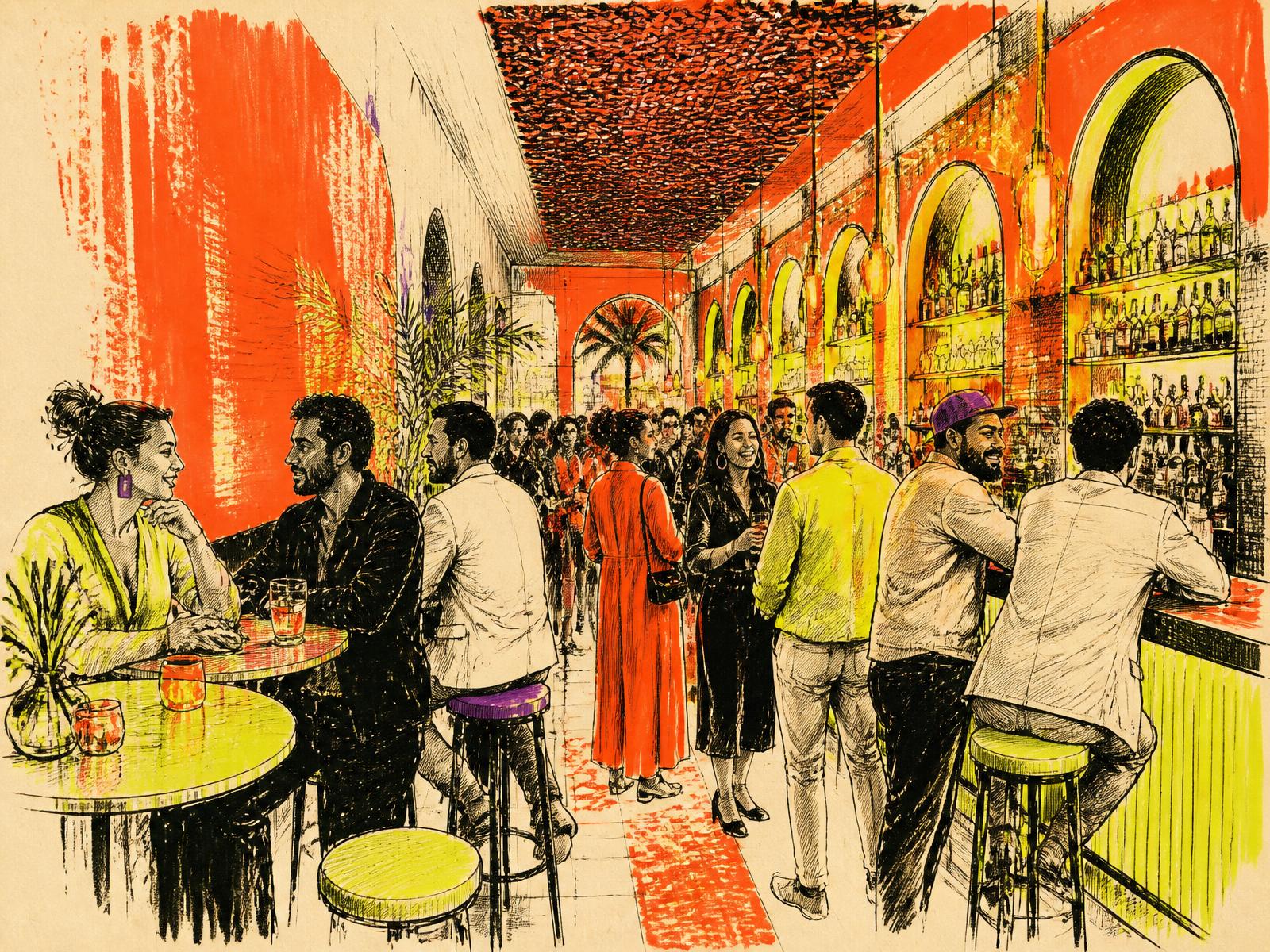 Hand-drawn scene of the TacoStars community mingling at a lively bar